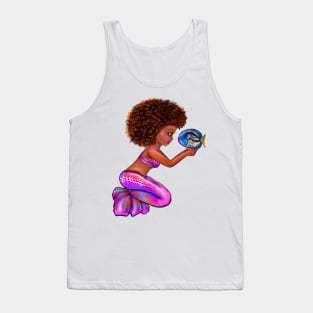 Black anime mermaid with blue tang fish, beautiful girl with Amber hair, green eyes, Cherry pink lips and dark brown skin. Hair love ! Tank Top